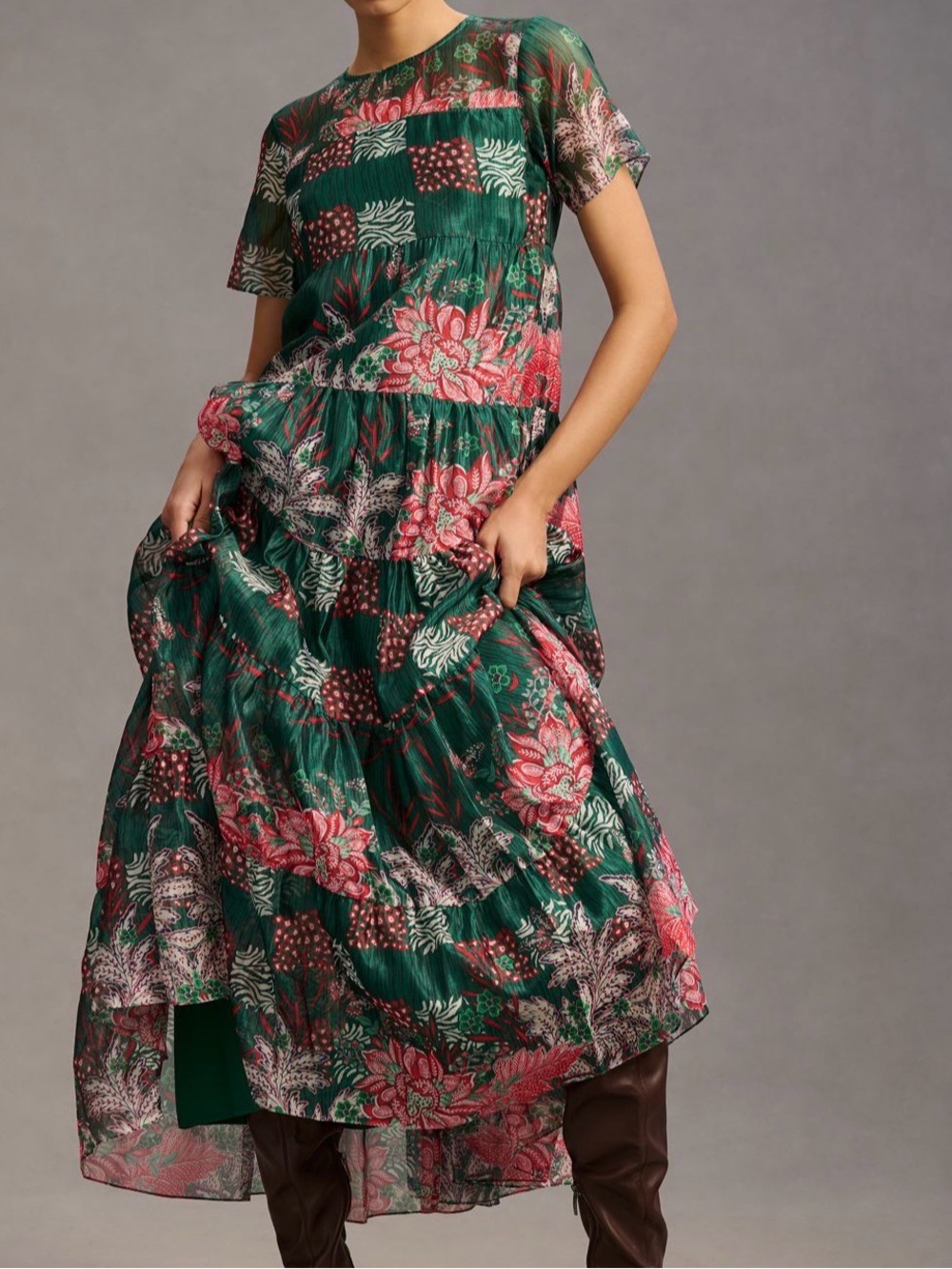 Green Floral Tiered Midi Dress with Pink Accents